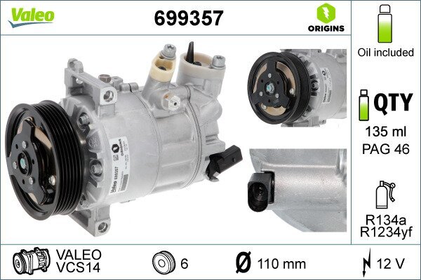 Kompressor, Klimaanlage 12 V VALEO 699357