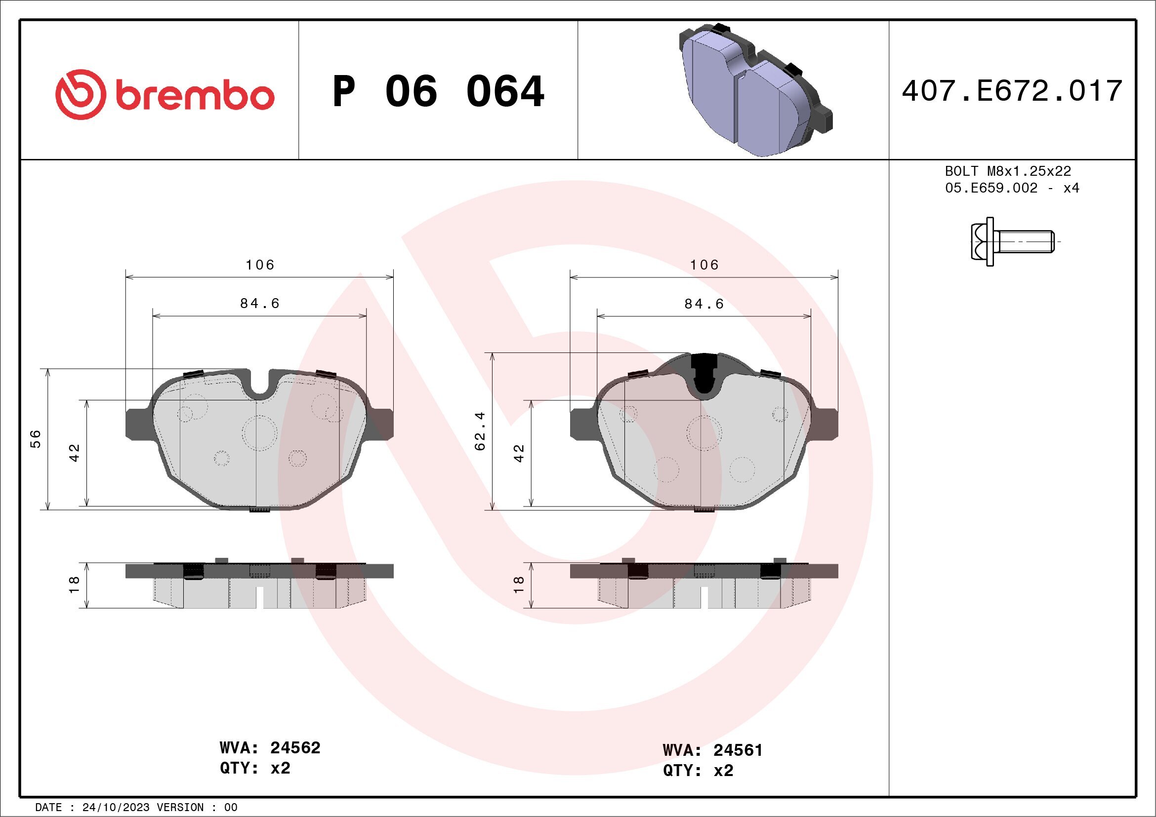 Bremsbelagsatz, Scheibenbremse BREMBO P 06 064X