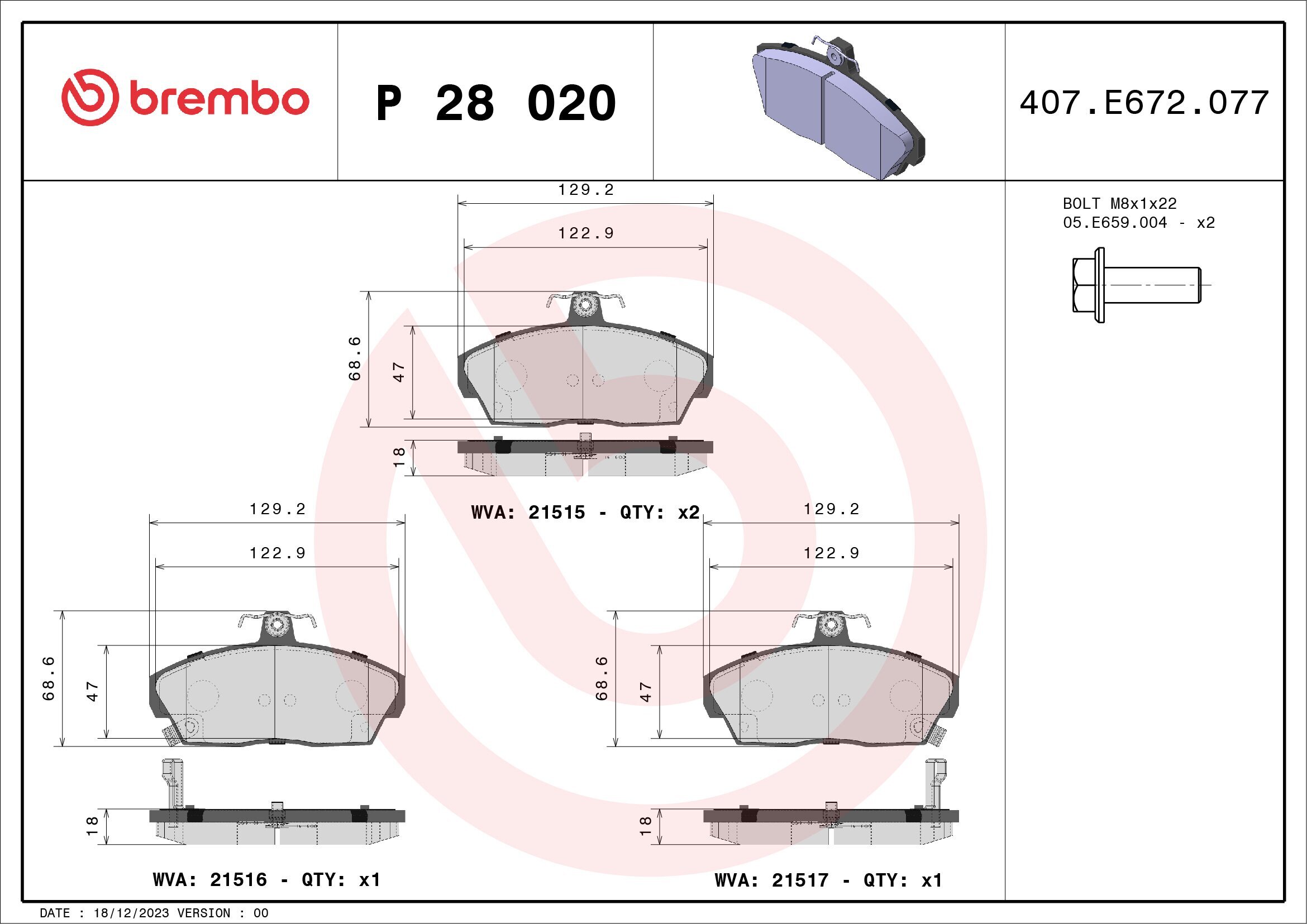 Bremsbelagsatz, Scheibenbremse BREMBO P 28 020