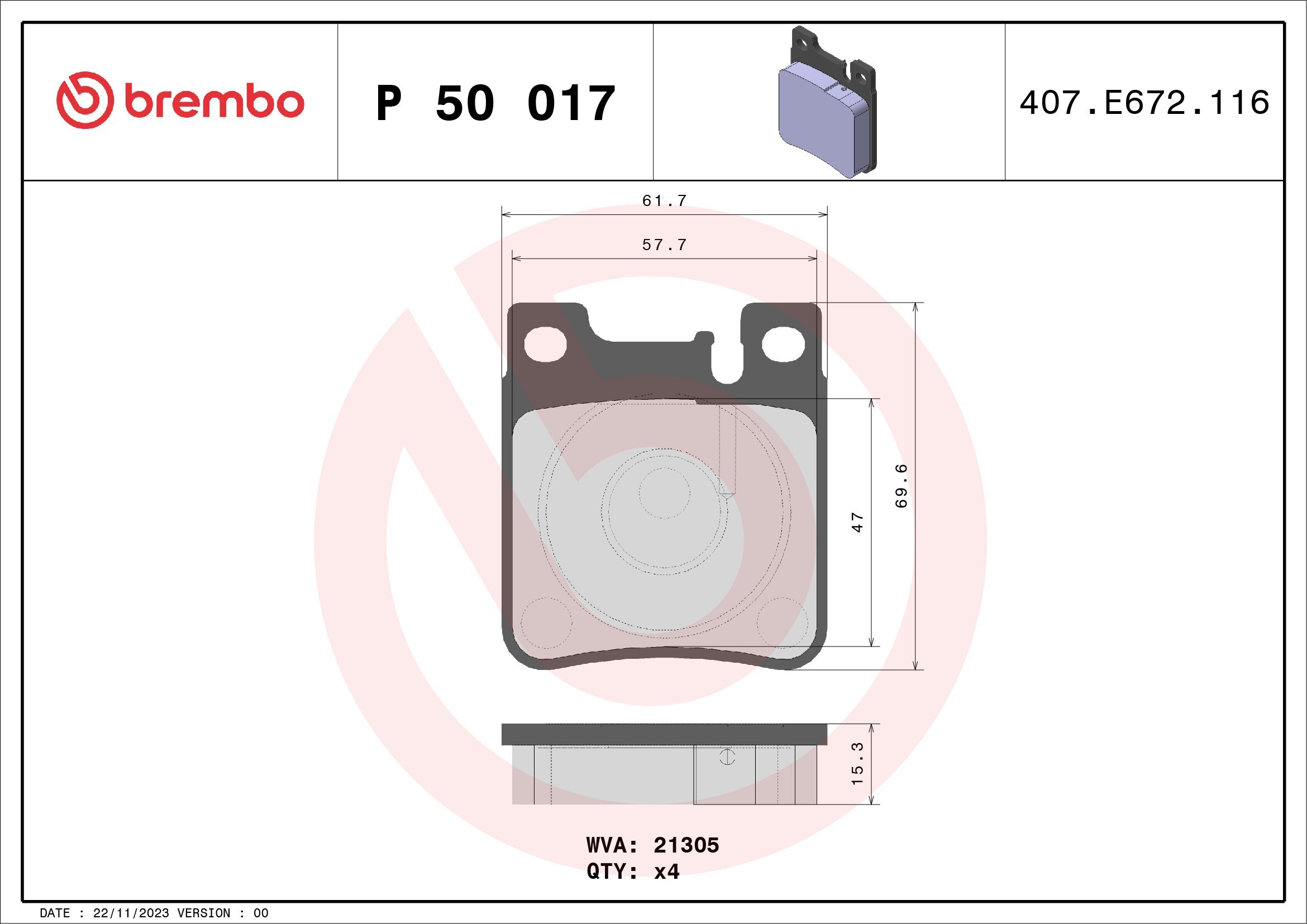 Bremsbelagsatz, Scheibenbremse BREMBO P 50 017