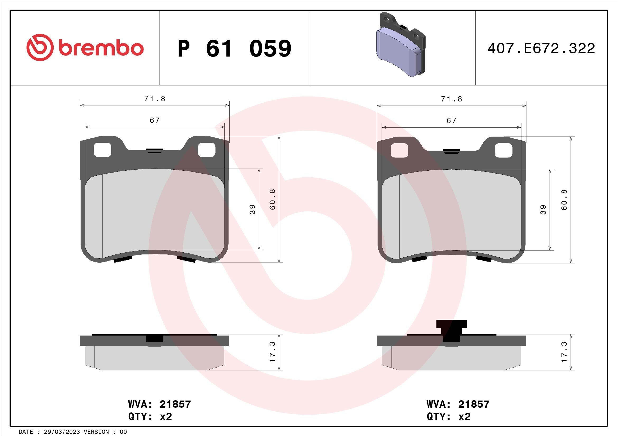 Bremsbelagsatz, Scheibenbremse BREMBO P 61 059