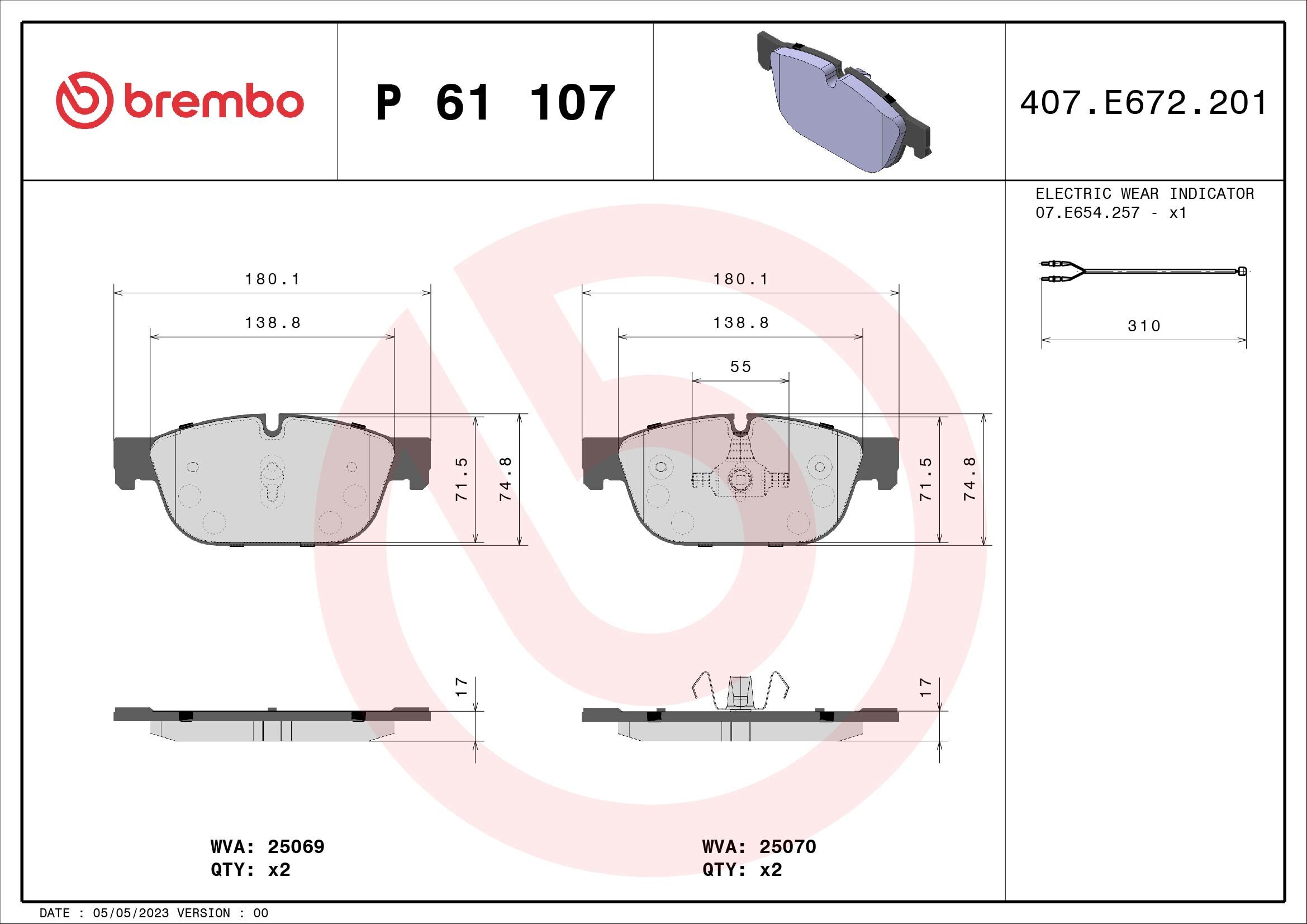 Bremsbelagsatz, Scheibenbremse BREMBO P 61 107