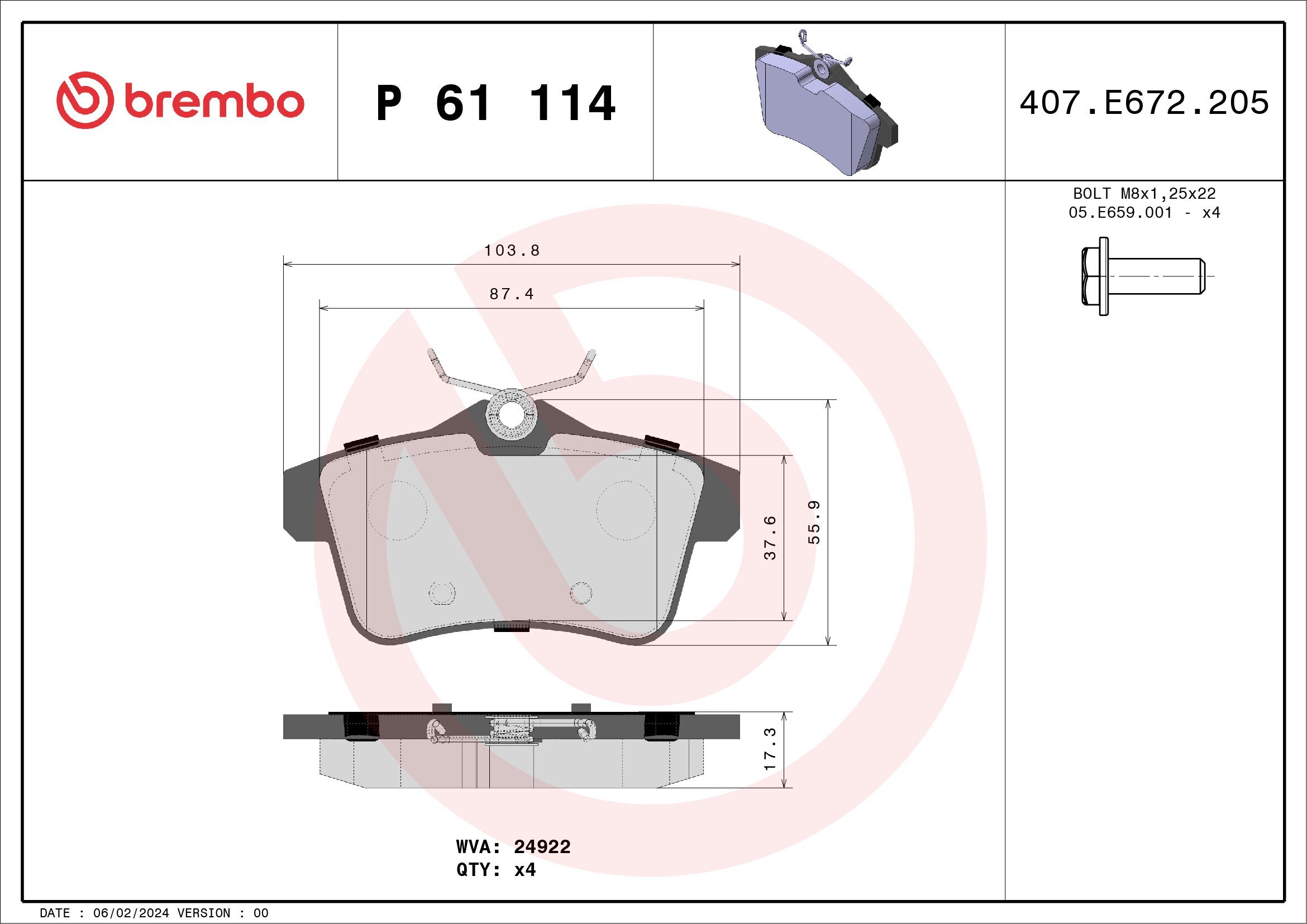 Bremsbelagsatz, Scheibenbremse BREMBO P 61 114