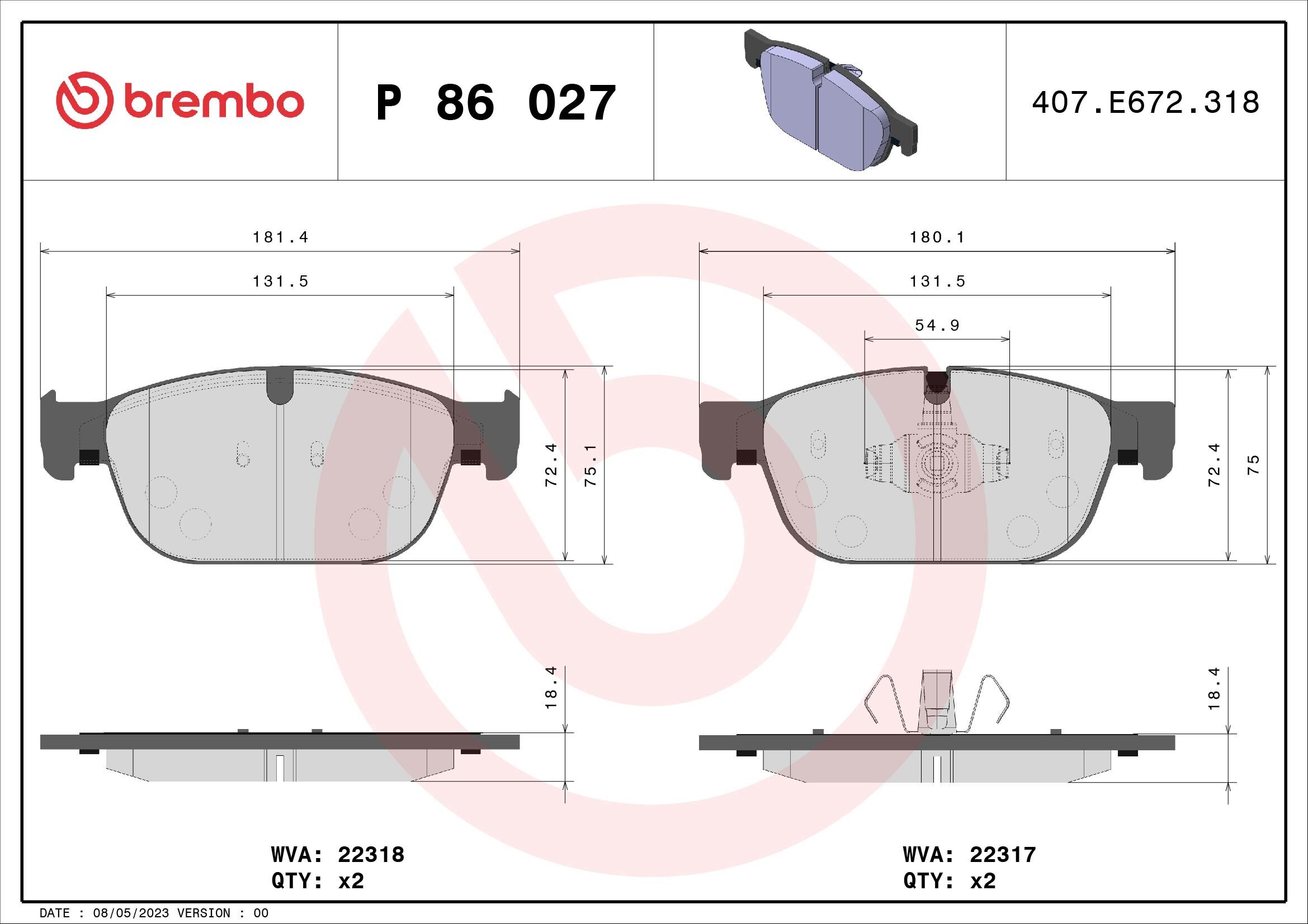 Bremsbelagsatz, Scheibenbremse BREMBO P 86 027